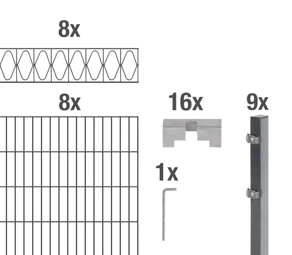 Doppelstabmattenzaun Sets anthrazit mit Dekorelement "Eleganz", Länge: 16 m, Höhe: 140 cm