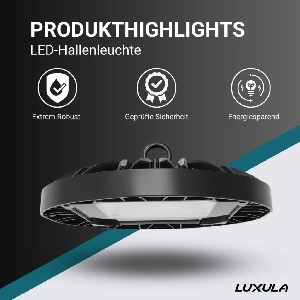 LED-HighBay in UFO-Form bietet 100 W, 9400 lm, 5000 K (neutralweiß) und IP65 Schutz.
