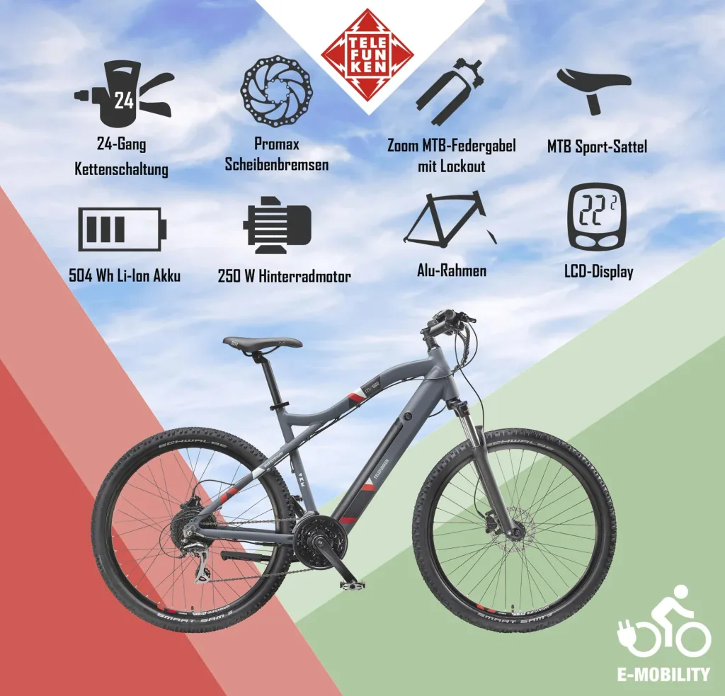 Unisex Alu MTB E-Bike, 29 Zoll, 24-Gang Kettenschaltung, grau, Aufsteiger M922 Hardtail