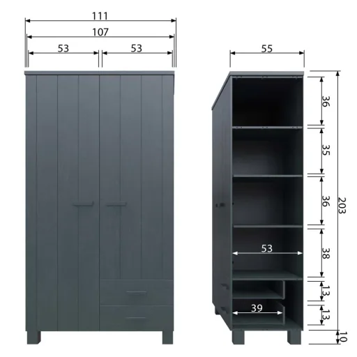 WOOOD - Schrank Dennis, 2-türig, Kiefer, 202x111x55 cm, Stahlgrau