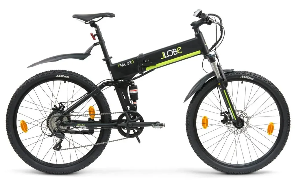 Unisex E-Mountain-Bike, 27,5 Zoll, Rahmenhöhe 48 cm, 9‐Gang Kettenschaltung, schwarz, faltbar - FML830, 10,4 Ah