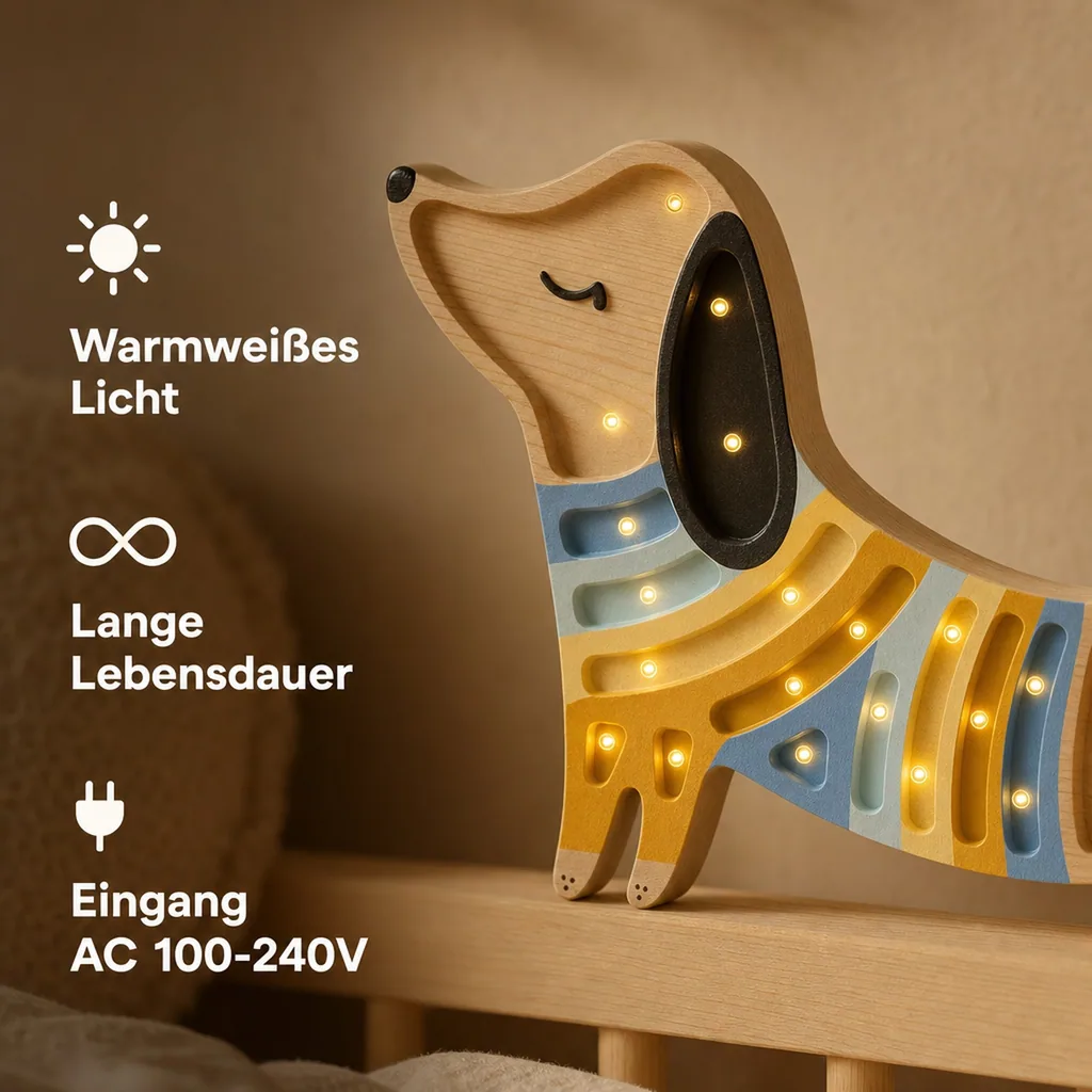 Little Lights Nachtlicht Kinder, Nachtlampe Welpe - 100% Kiefernholz natur, Farbe: Erdbeercreme