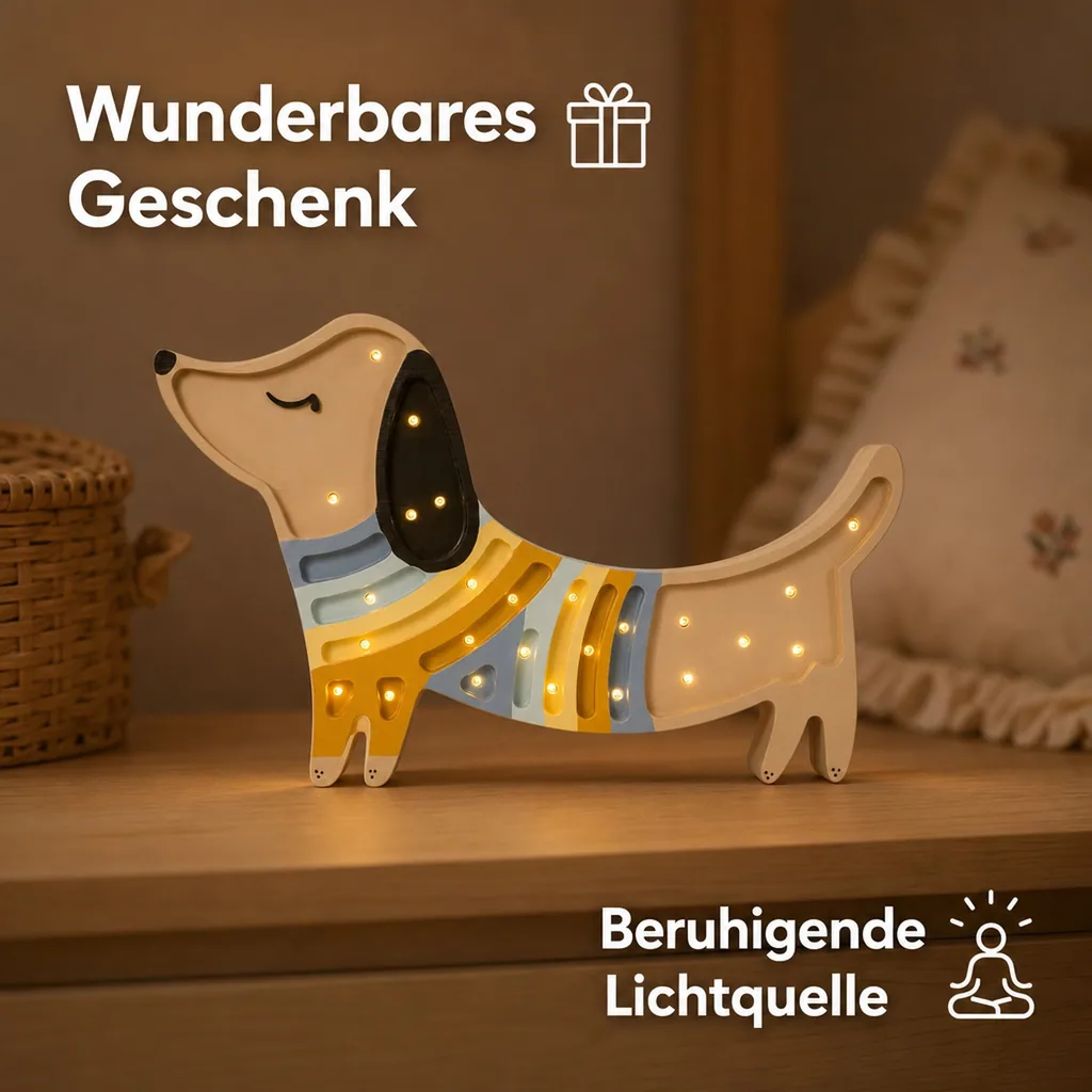 Little Lights Nachtlicht Kinder, Nachtlampe Welpe - 100% Kiefernholz natur, Farbe: Erdbeercreme