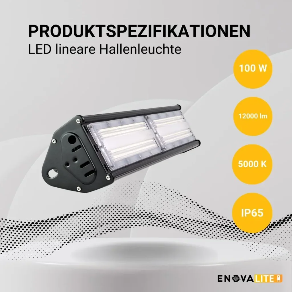 LED-HighBay in linearer Form bietet 100 W, 12000 lm, 5000 K (neutralweiß), IP65 & ENEC-Zertifizierung