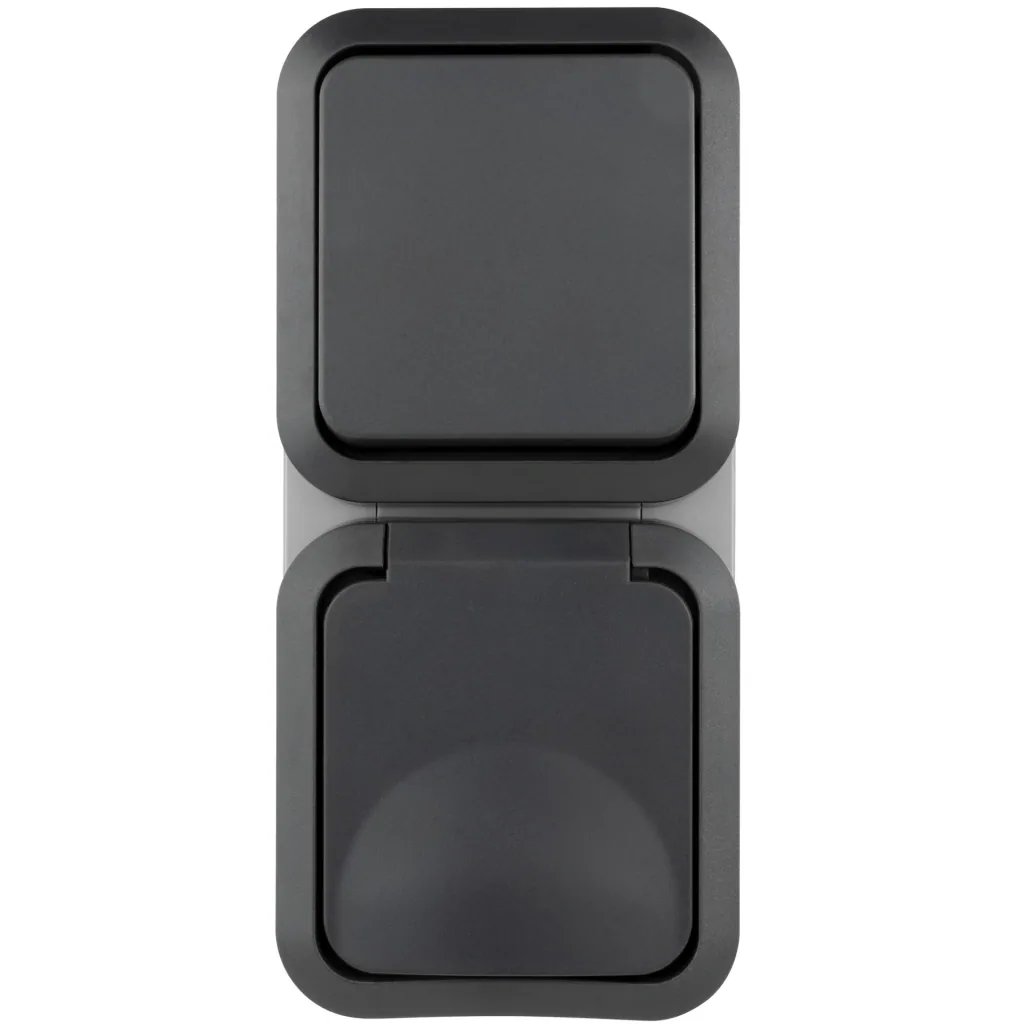 Aufputz-Feuchtraum Schalter/ Schutzkontakt-Steckdose mit Klappdeckel, senkrecht IP55
