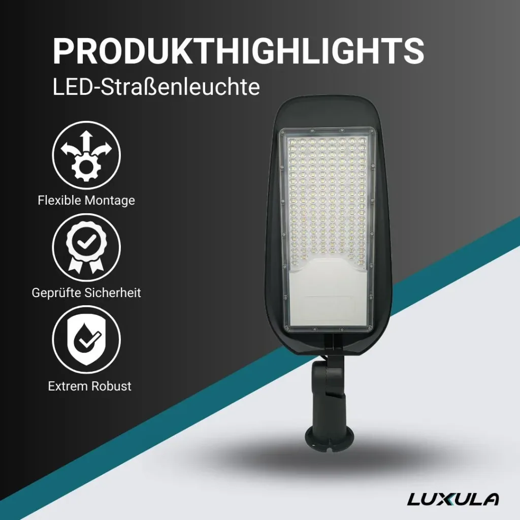 LED-Straßenleuchte 50 W bietet 5800 lm, 5000 K (neutralweiß) & IP65 Schutz