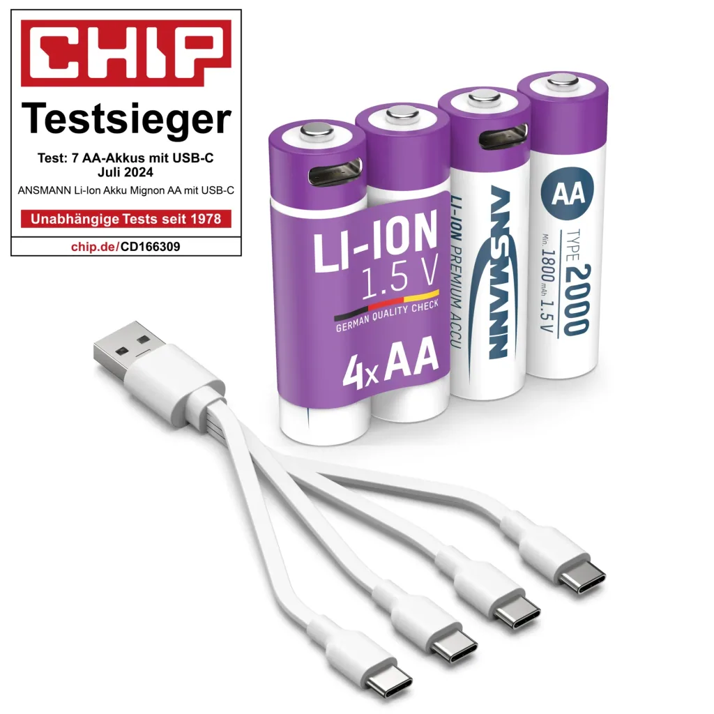 Lithium Ionen Mignon (AA) Akkus USB-C - 4 Stück, Sicherheitsabschaltung