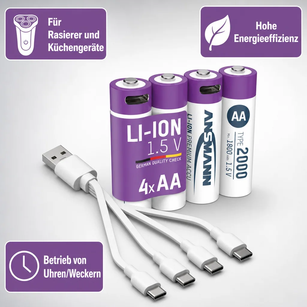 Lithium Ionen Mignon (AA) Akkus USB-C - 4 Stück, Sicherheitsabschaltung