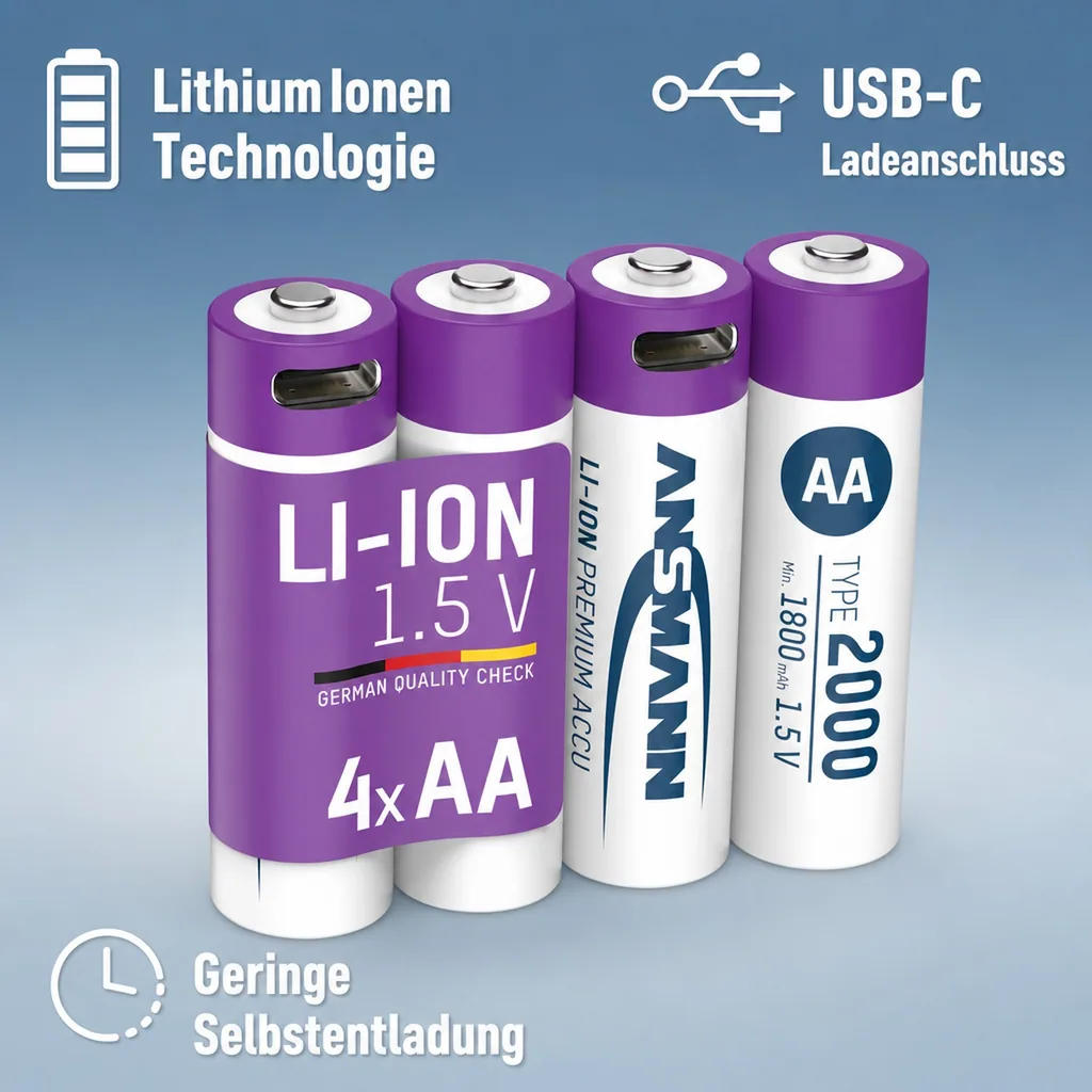Lithium Ionen Mignon (AA) Akkus USB-C - 4 Stück, Sicherheitsabschaltung