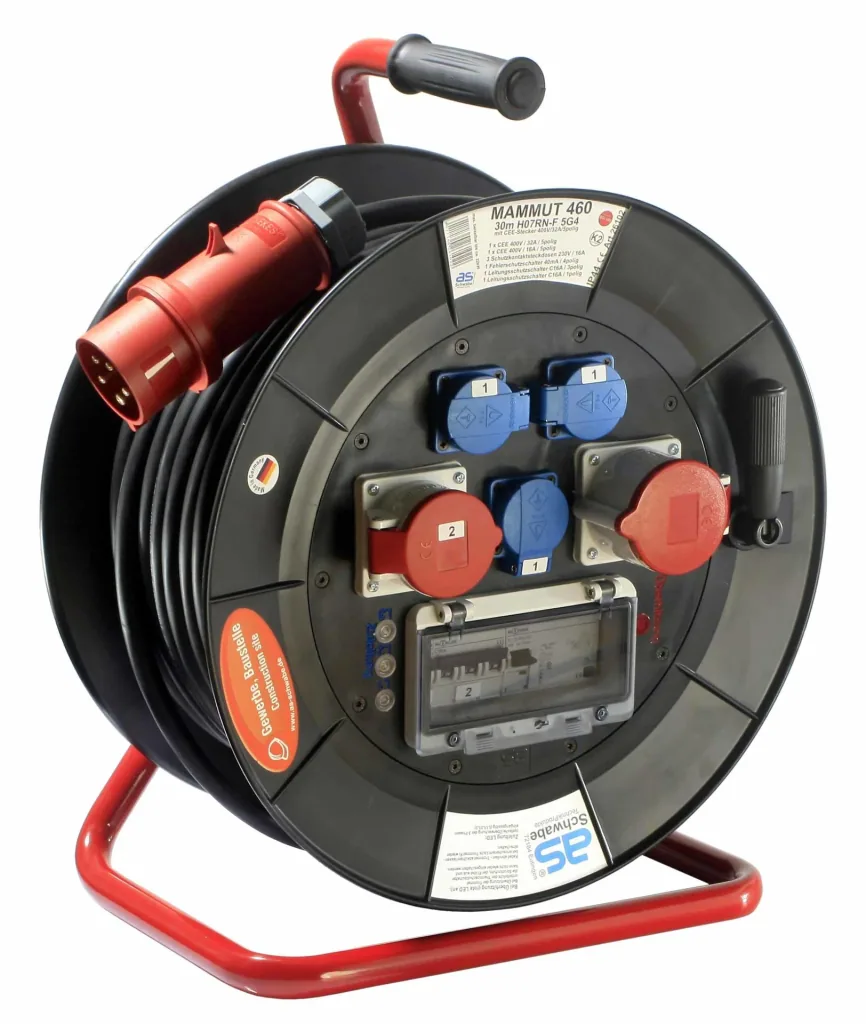 Profi-Trommel Mammut 460 Version 3, 30m, 3 Steckdosen 230V, 1+1-CEE Steckdosen, mit Trage- und Fußgestell