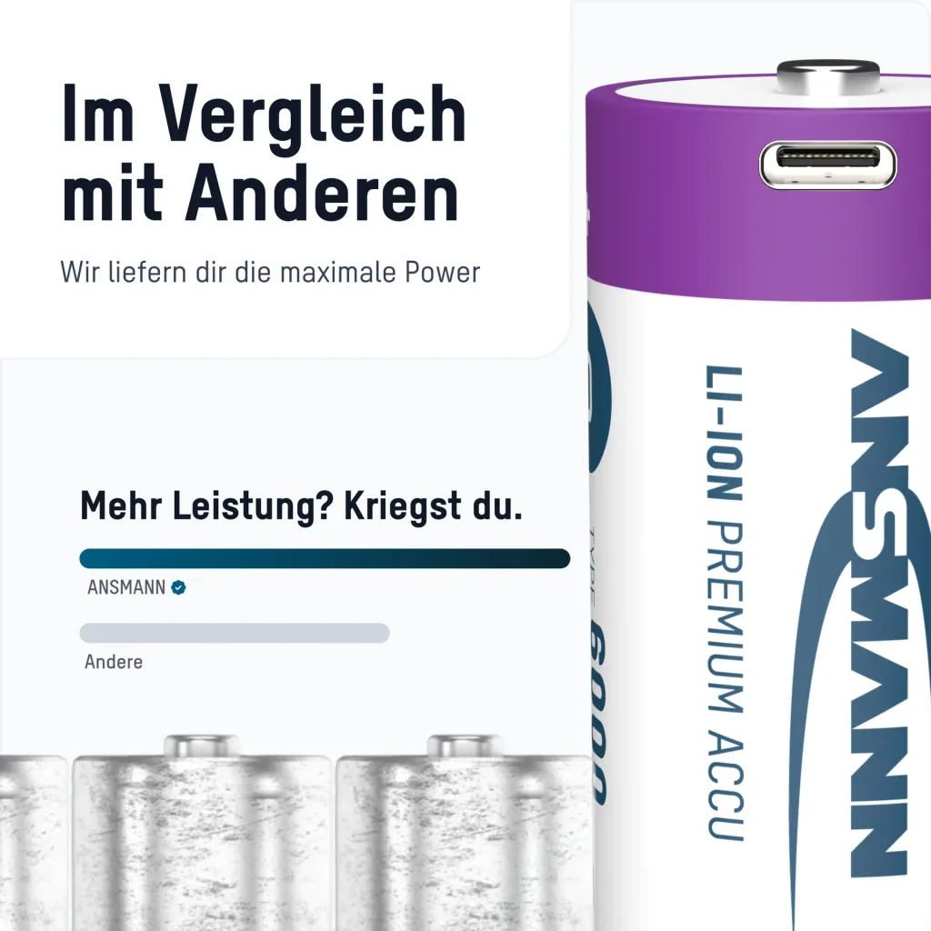Lithium Ionen Mono (D) Akkus USB-C - 2 Stück, Sicherheitsabschaltung
