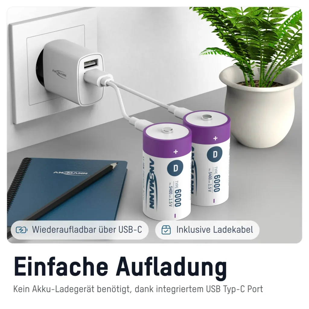 Lithium Ionen Mono (D) Akkus USB-C - 2 Stück, Sicherheitsabschaltung