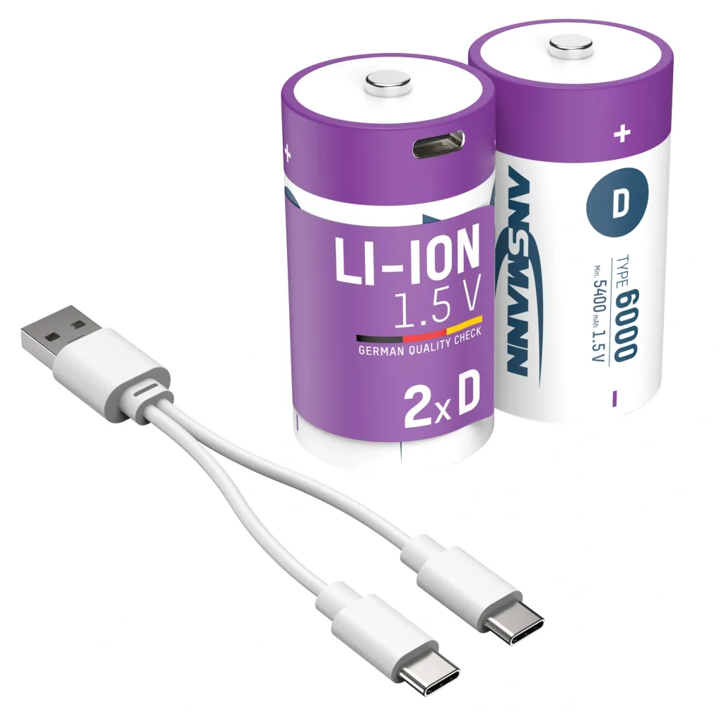Lithium Ionen Mono (D) Akkus USB-C - 2 Stück, Sicherheitsabschaltung