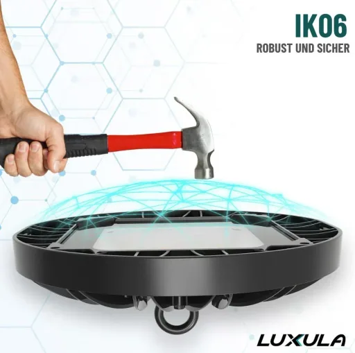 LED-HighBay in UFO-Form bietet 200 W, 20100 lm, 5000 K (neutralweiß) und IP65 Schutz.