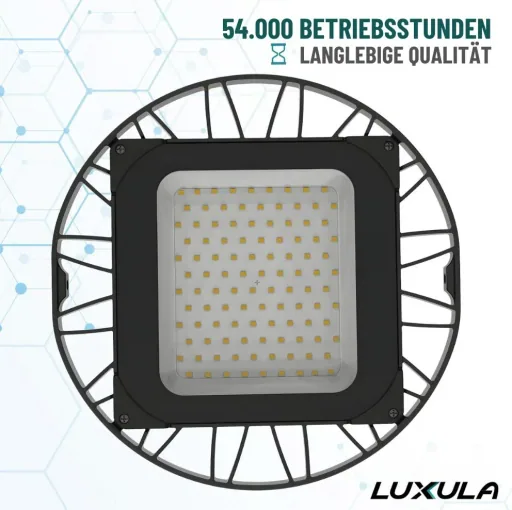 LED-HighBay in UFO-Form bietet 150 W, 14400 lm, 5000 K (neutralweiß) und IP65 Schutz.