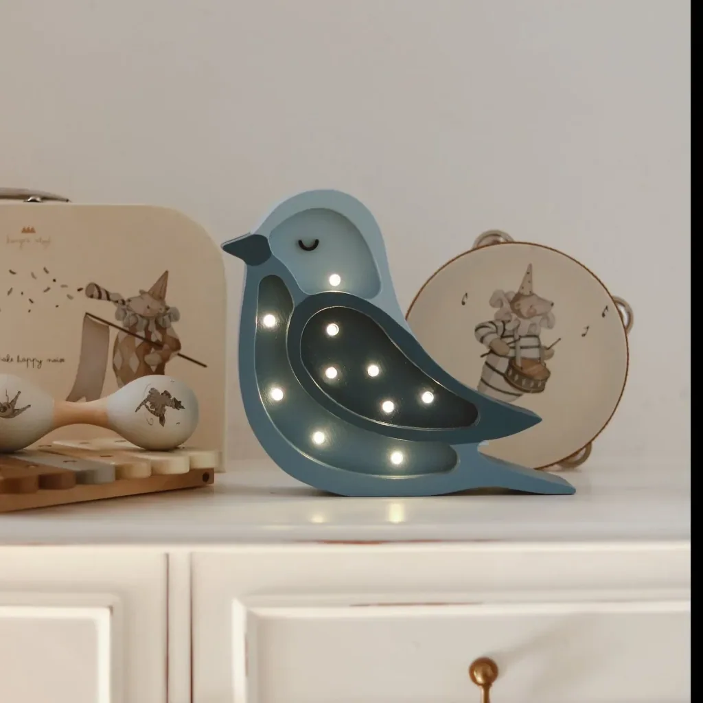 Little Lights Nachtlicht Kinder, Nachtlampe Mini-Vogel - 100% Kiefernholz natur, Farbe: Denim