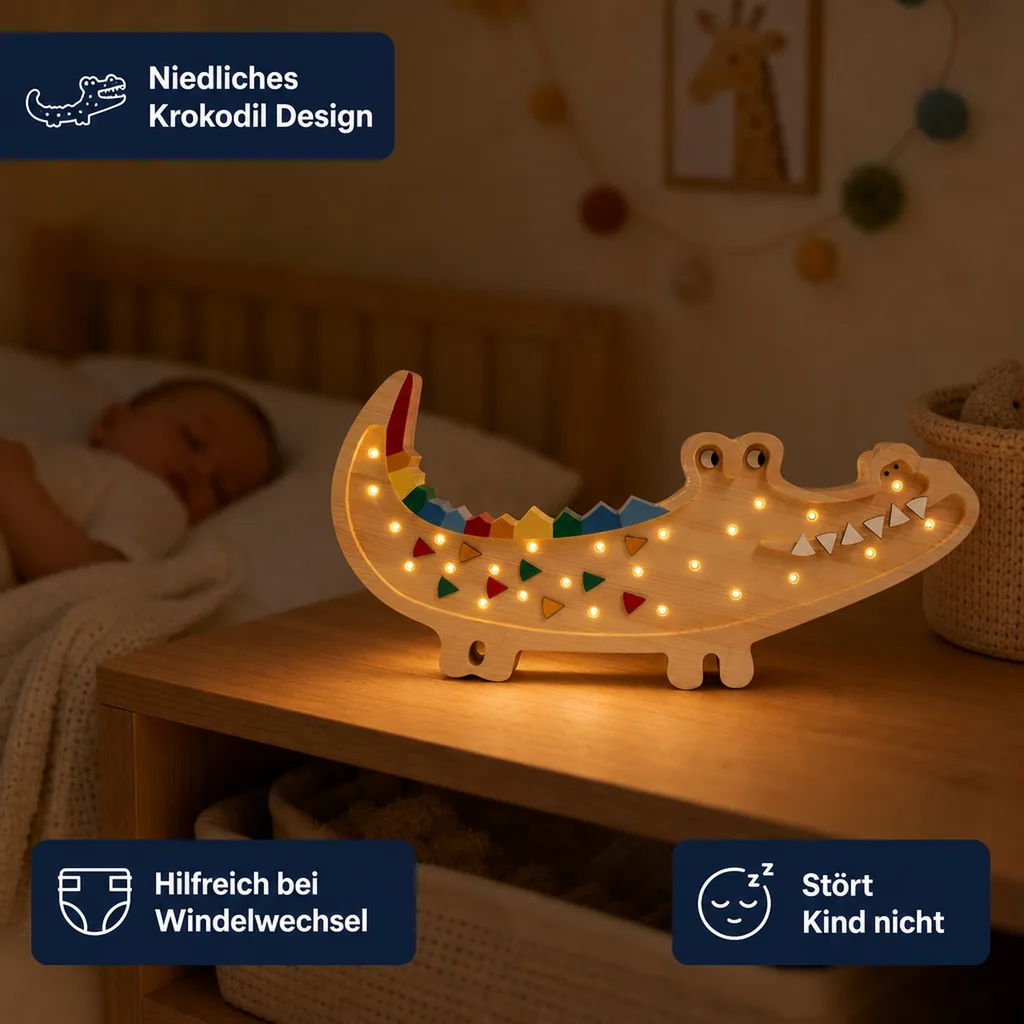 Little Lights Nachtlicht Kinder, Nachtlampe Krokodil - 100% Kiefernholz natur, Farbe: Karibisches Holz