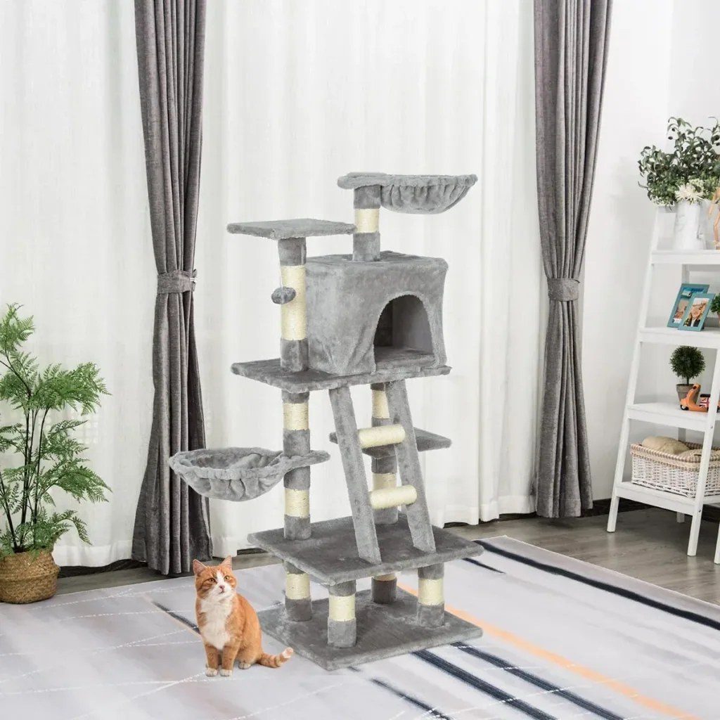 Kratzbaum mit Katzenhöhle Hängematte Mehrstufiger Katzenbaum Kletterbaum für Katzen E1 Spanplatte Sisal Grau 80 x 55 x 1
