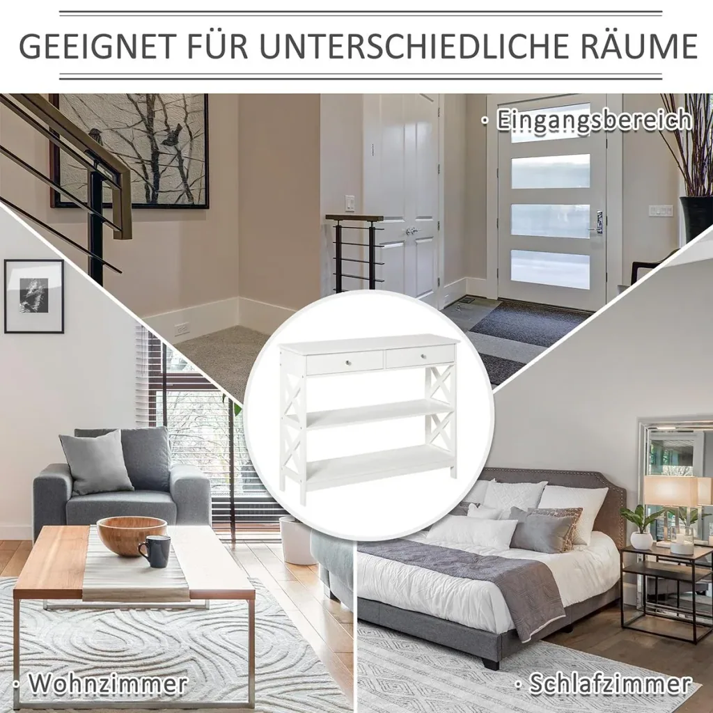 Konsolentisch Beistelltisch mit Schublade und 2-stufigen Ablagefächern Weiß 100 x 30,5 x 80 cm