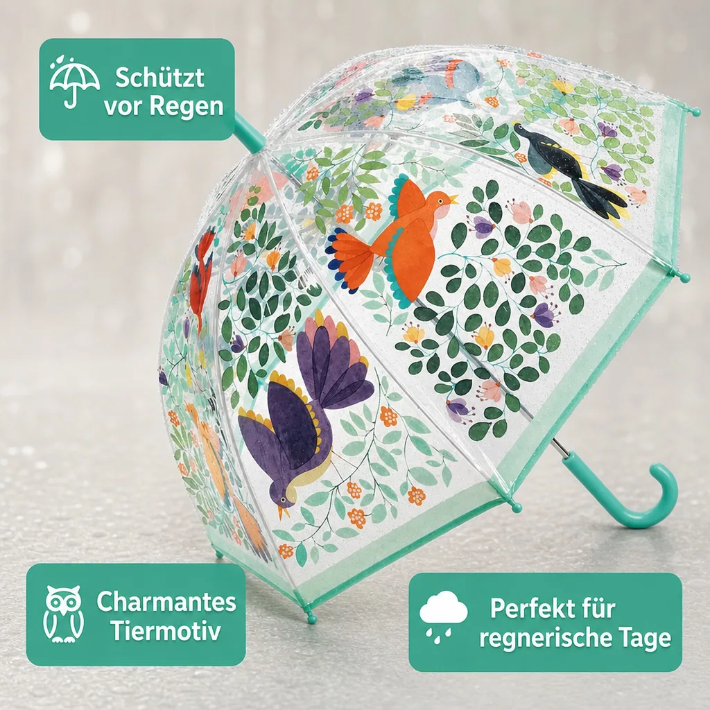 Djeco Kinder Regenschirm Vögel und Blätter