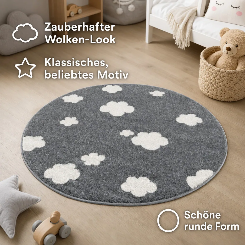 Livone Teppich rund Wolken grau