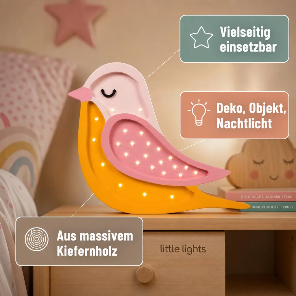 little lights Led Deko Kinderlampe Vogel honig rosa