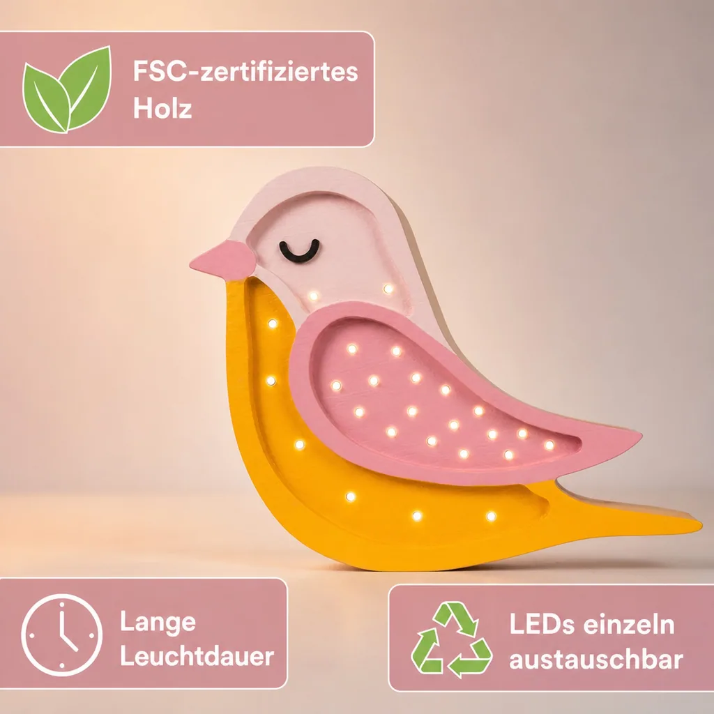 little lights Led Deko Kinderlampe Vogel honig rosa