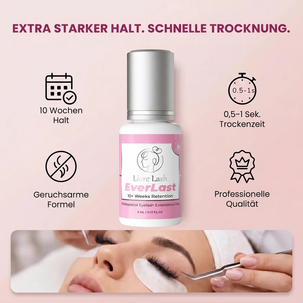 Extra starker Wimpernverlängerungs-Kleber Liore Lash – 0,5–1 Sek. Schnelltrocknend Lash-Kleber, Bis zu 10 Wochen Haltbarkeit, Schwarzer Profi-Kleber für Classic & Volume Wimpern, 5 ml
