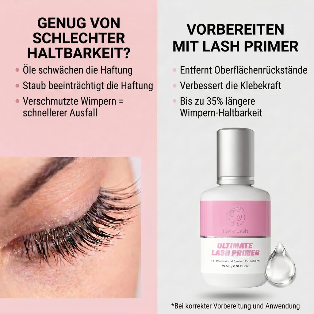 Wimpernverlängerungs-Primer – Liore Lash Profi-Wimpern-Vorbereitung, Bis zu 35 % längere Haltbarkeit, Entfernt Öle & Rückstände, Vorbehandlung für Wimpernverlängerungen, 15 ml