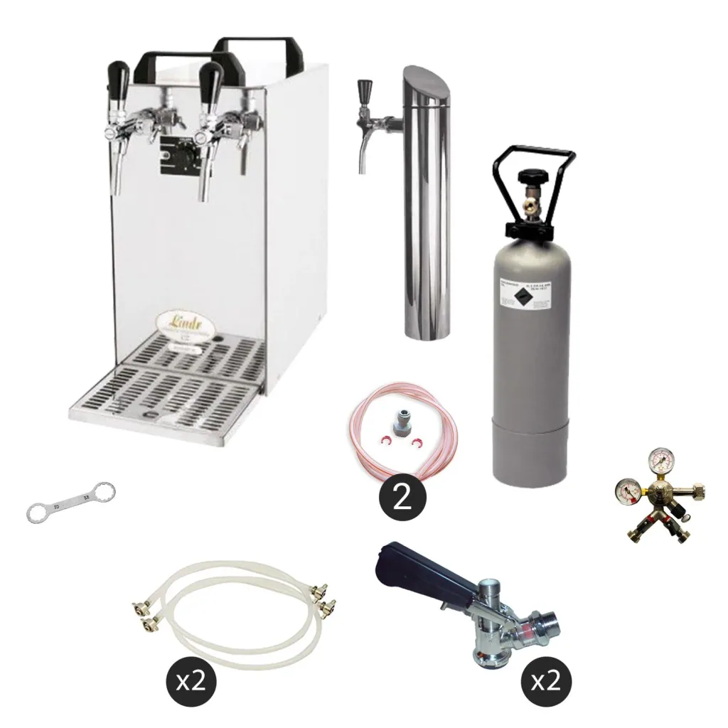 Untertheken Komplett Set - Zapfanlage, Bierzapfanlage - Kontakt 40 2-leitig Trockenkühler, Durchlaufkühler 50 Liter/h, inkl. Schanksäule, Green Line, Zapfkopf: ohne; Zapfkopf 2: ohne