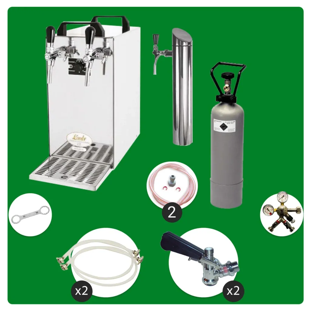 Untertheken Komplett Set - Zapfanlage, Bierzapfanlage - Kontakt 40 2-leitig Trockenkühler, Durchlaufkühler 50 Liter/h, inkl. Schanksäule, Green Line, Zapfkopf: ohne; Zapfkopf 2: ohne