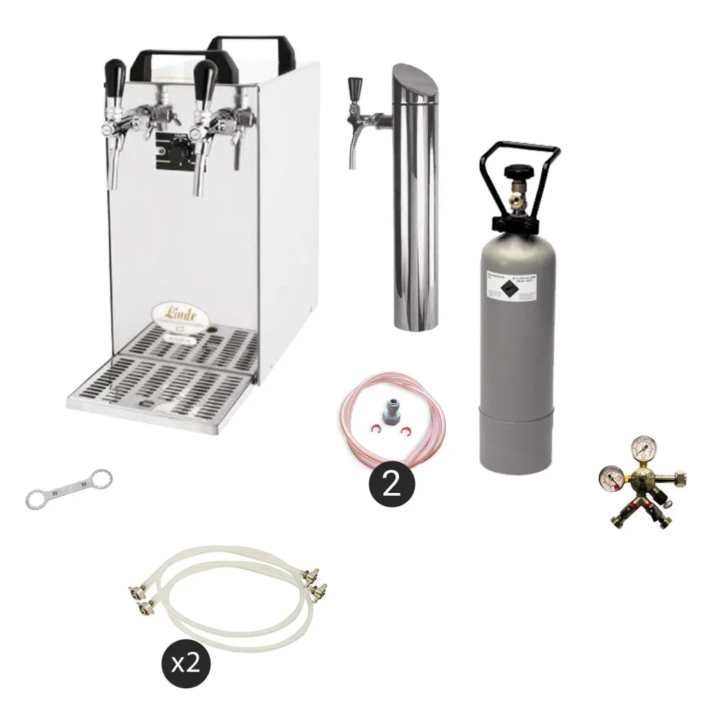Untertheken Komplett Set - Zapfanlage, Bierzapfanlage - Kontakt 40 2-leitig Trockenkühler, Durchlaufkühler 50 Liter/h, inkl. Schanksäule, Green Line, Zapfkopf: ohne; Zapfkopf 2: ohne