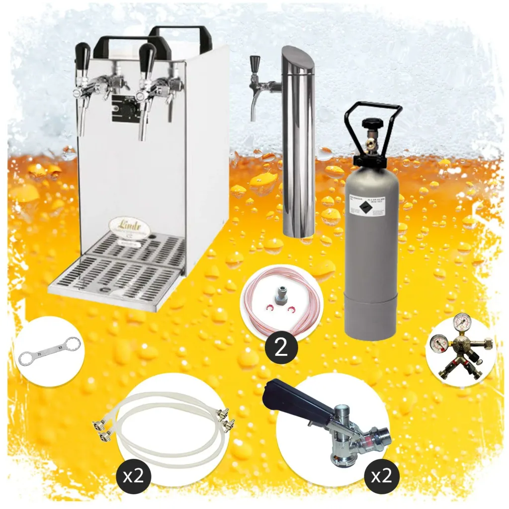 Untertheken Komplett Set - Zapfanlage, Bierzapfanlage - Kontakt 40 2-leitig Trockenkühler, Durchlaufkühler 50 Liter/h, inkl. Schanksäule, Green Line, Zapfkopf: ohne; Zapfkopf 2: ohne