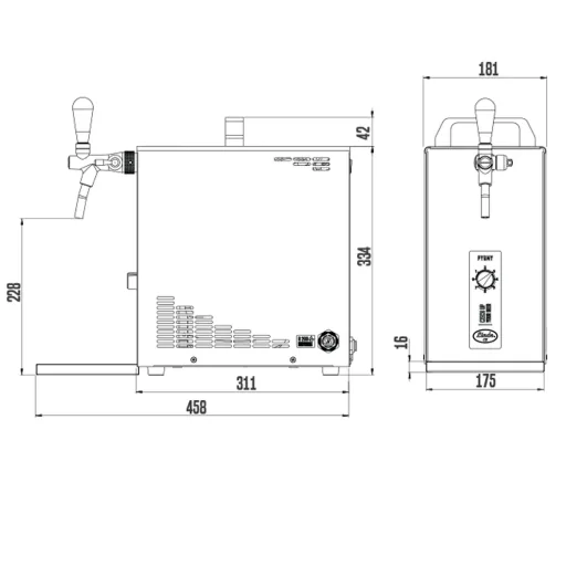 Untertheken Komplett Set - Zapfanlage, Bierzapfanlage, Bierkoffer, Durchlaufkühler PYGMY 25 1-leitig Trockenkühler, 35 Liter/h, inkl. Schanksäule, Green Line, Zapfkopf: ohne