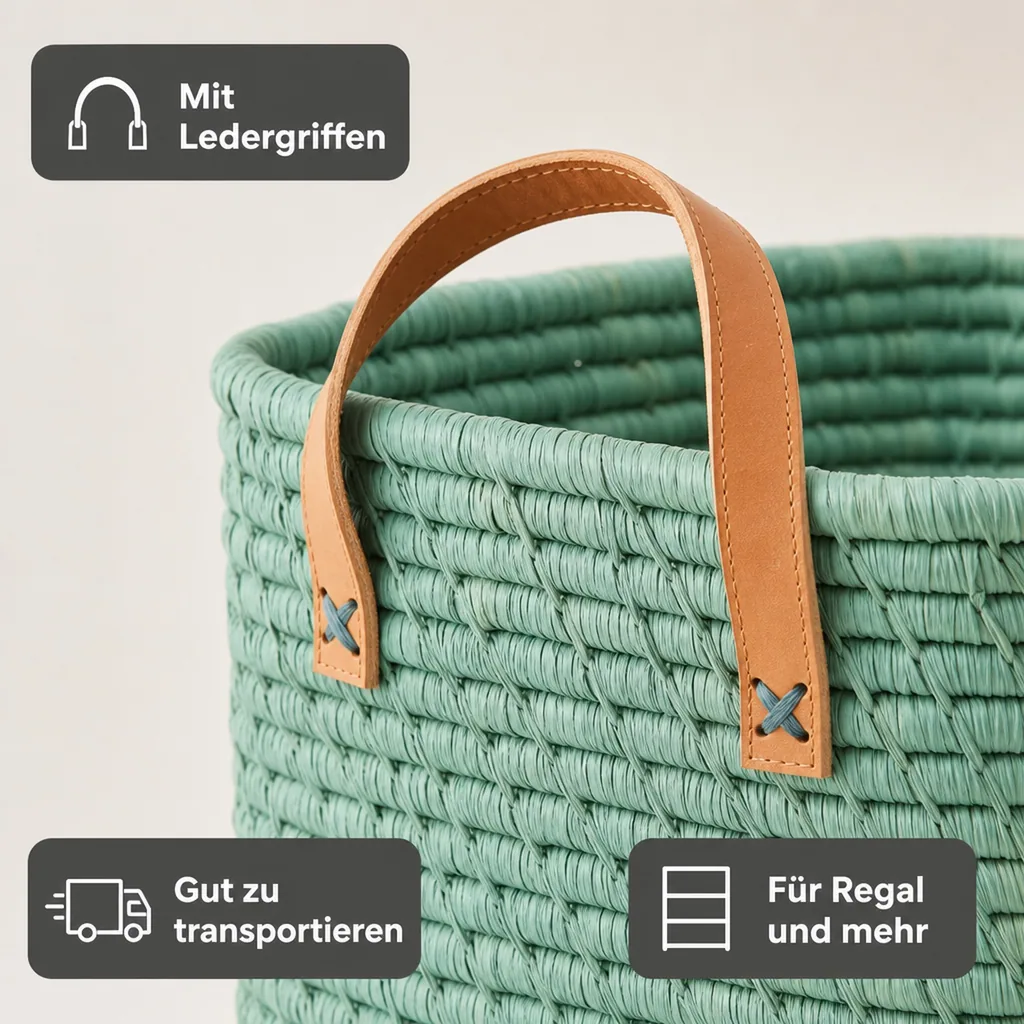 Rice Bastkorb Ledergriffe mint 30 x 30