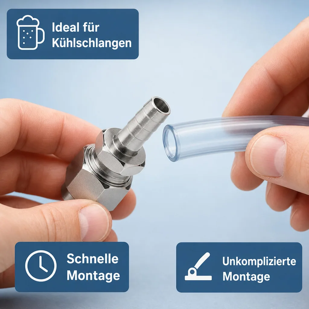 Quetschverschraubung, Compression fitting - Edelstahl, mit Schlauchtülle für Bierschlauch NW 7 mm
