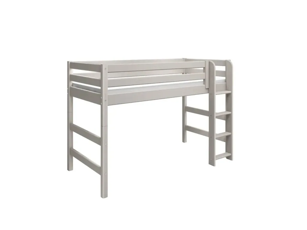FLEXA Etagenbett, Hochbett, Mittelhohes Bett mit gerader Leiter - Massivholz Kiefer, 90x200 cm, Platzsparende Lösung, Farbe: Grau gewaschene Kiefer
