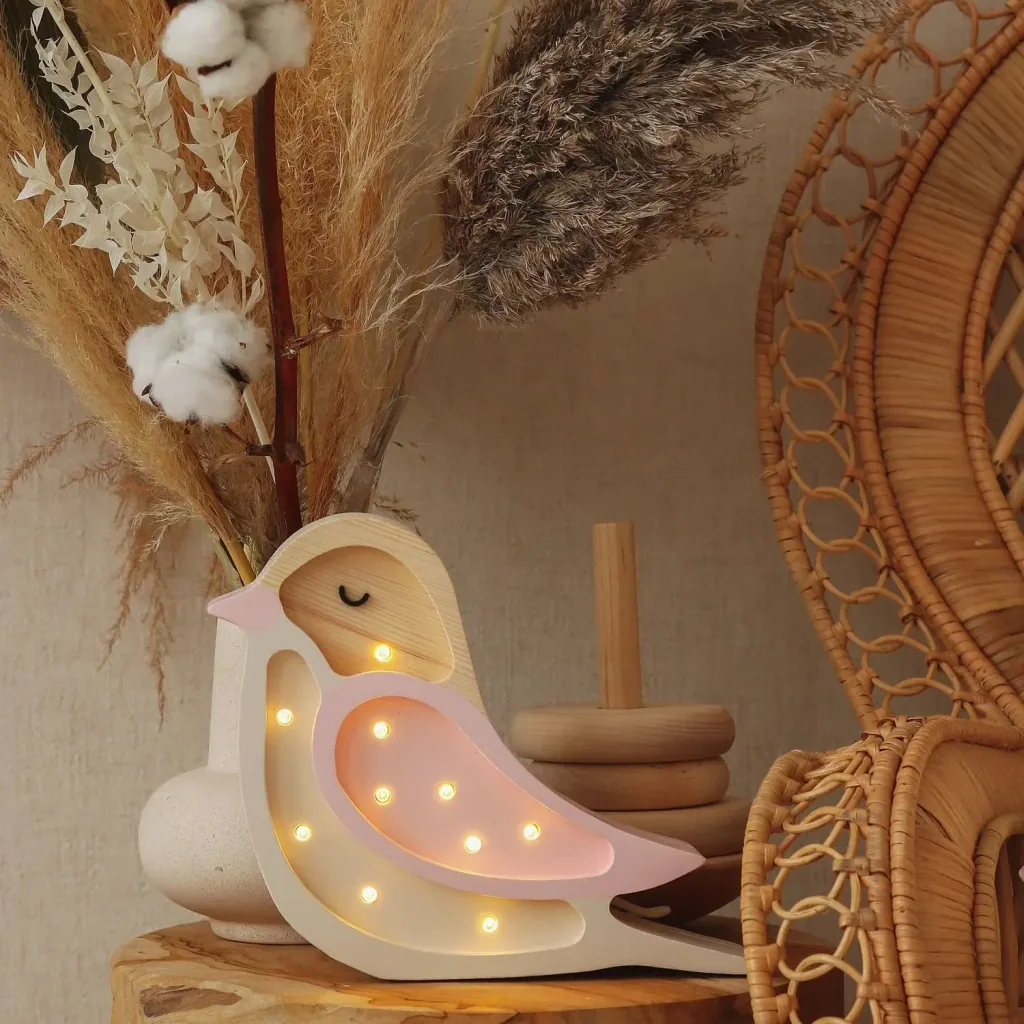 Little Lights Nachtlicht Kinder, Nachtlampe Mini-Vogel - 100% Kiefernholz natur, Farbe: Erdbeercreme