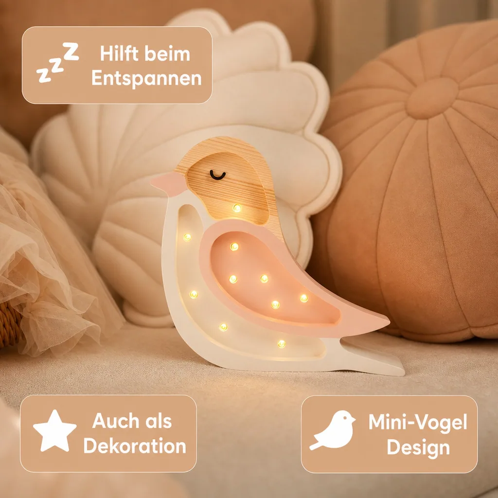 Little Lights Nachtlicht Kinder, Nachtlampe Mini-Vogel - 100% Kiefernholz natur, Farbe: Erdbeercreme