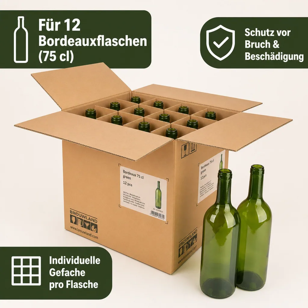 12er Weinflaschen-Karton (Bordeaux 75 cl) - Stabile & umweltfreundliche Flaschenaufbewahrung, Farbe: grün