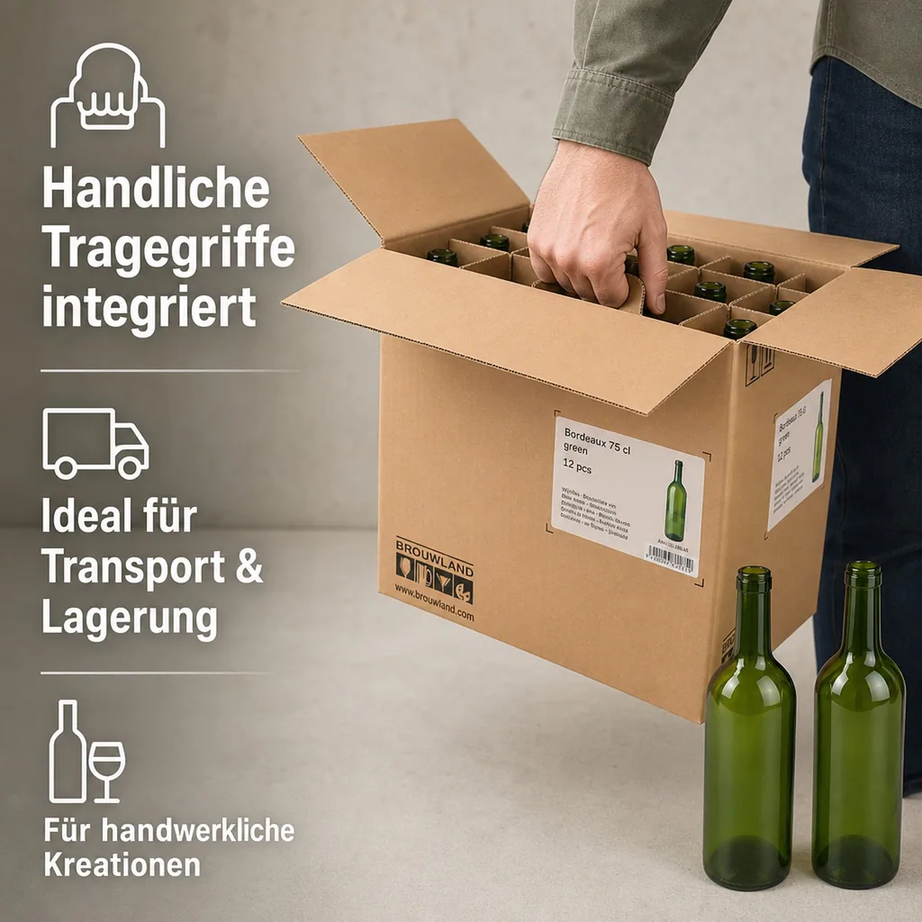 12er Weinflaschen-Karton (Bordeaux 75 cl) - Stabile & umweltfreundliche Flaschenaufbewahrung, Farbe: grün