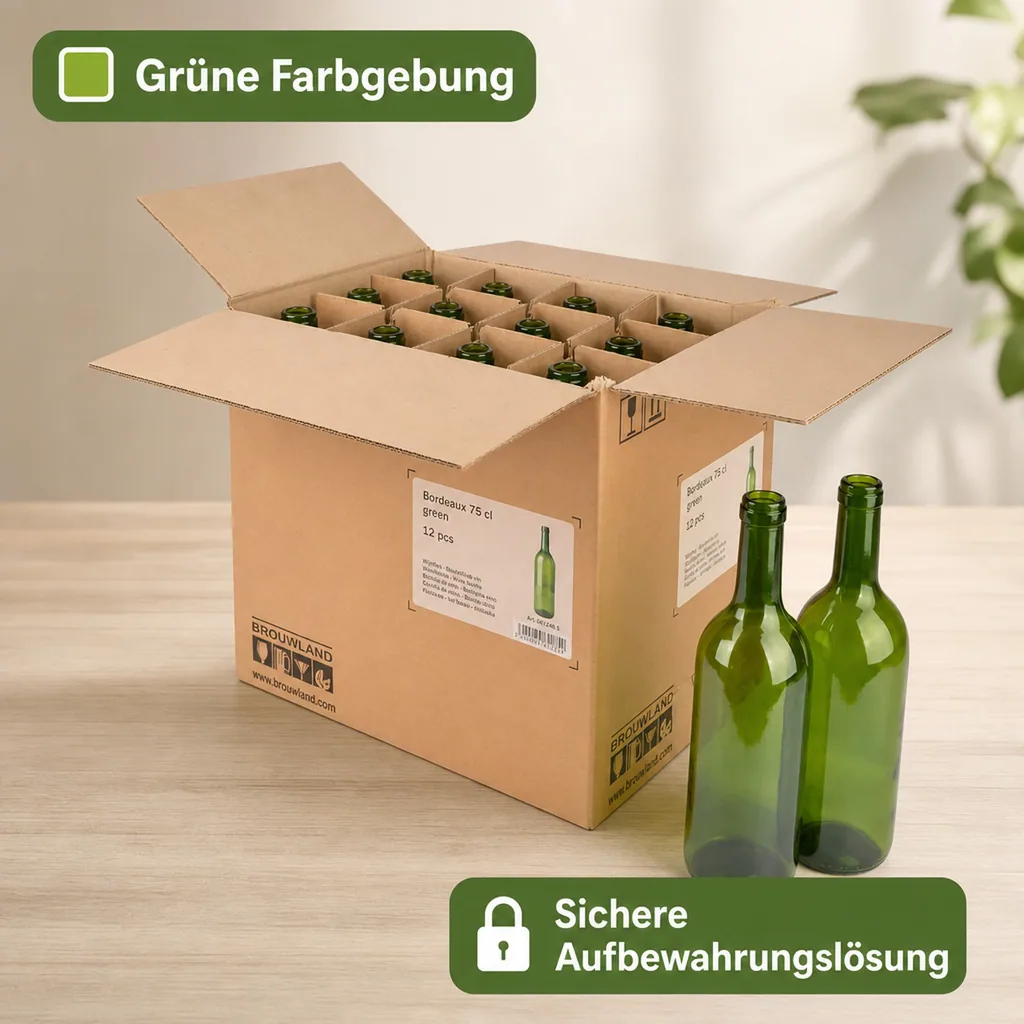 12er Weinflaschen-Karton (Bordeaux 75 cl) - Stabile & umweltfreundliche Flaschenaufbewahrung, Farbe: grün