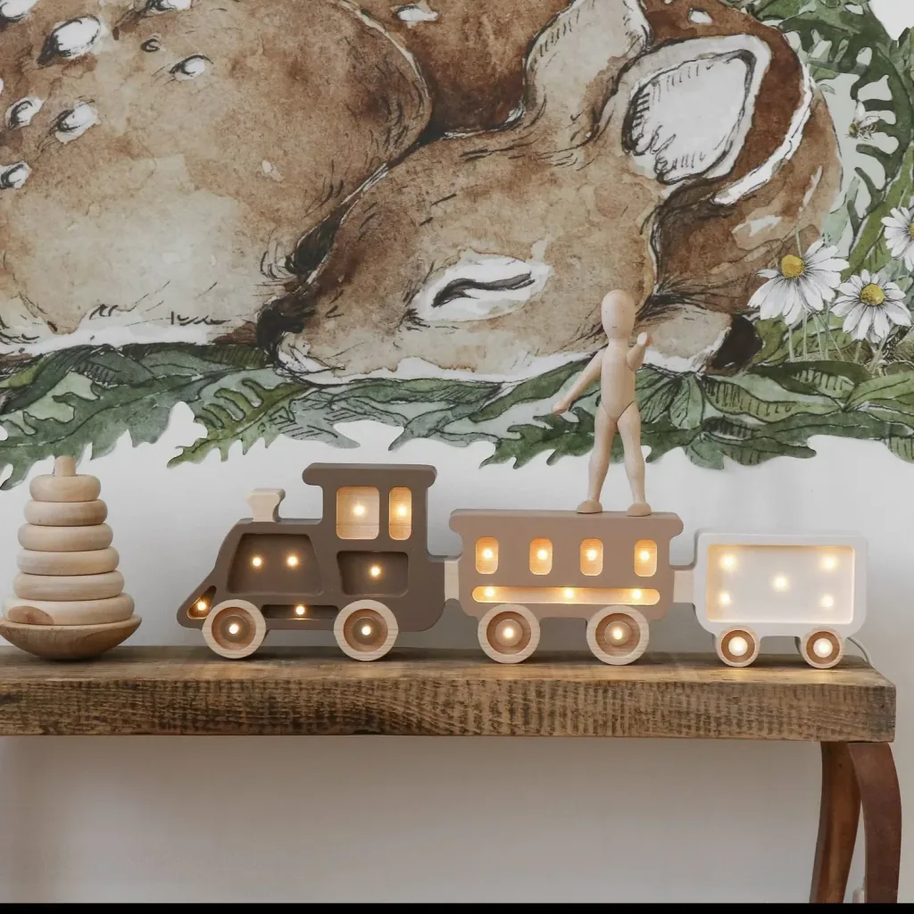 Little Lights Nachtlicht Kinder, Nachtlampe Zug - 100% Kiefernholz natur, Farbe: Kaffee-Creme