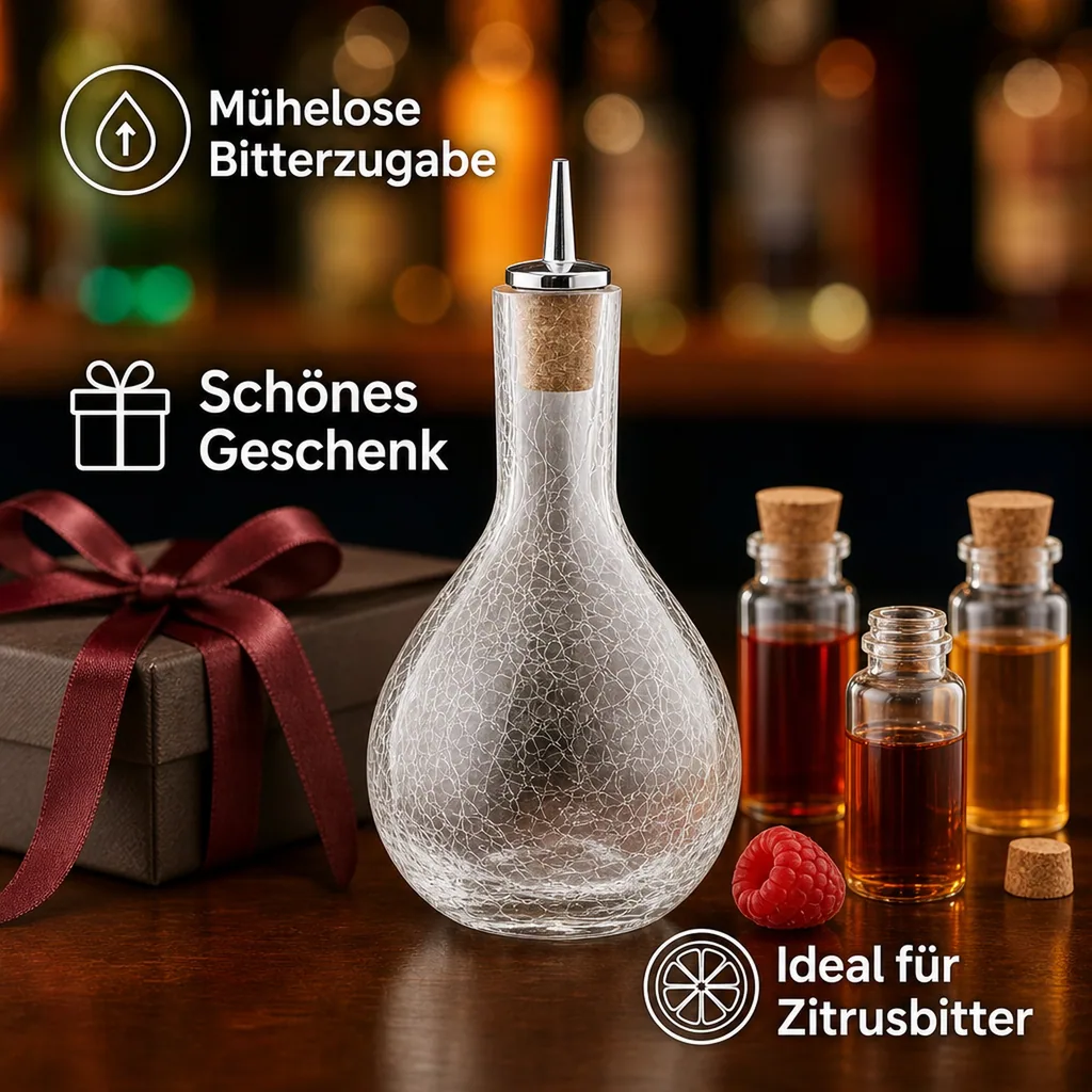 Dash-Bottle, Bitterflasche - Craquelé Glas mit verchromten Ausgiesser