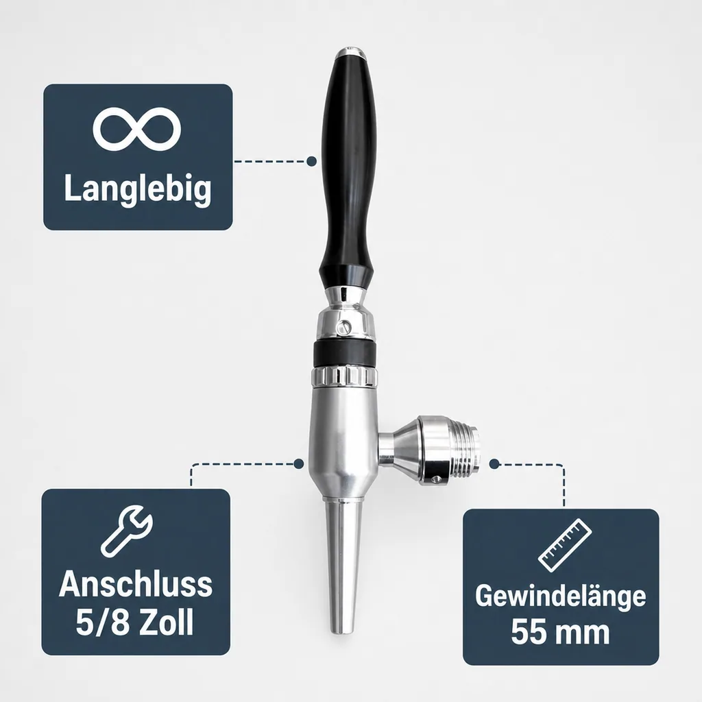 Bierzapfhahn, Kompensatorhahn Nordic - aus satiniertem stahl ohne kompensatorschaft 5/8" + starke düse, Gewindelänge: 55 mm