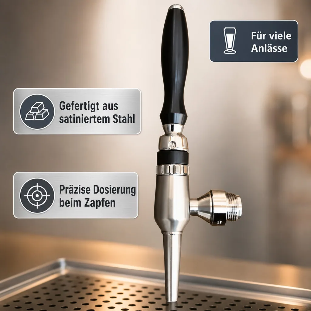 Bierzapfhahn, Kompensatorhahn Nordic - aus satiniertem stahl ohne kompensatorschaft 5/8" + starke düse, Gewindelänge: 55 mm