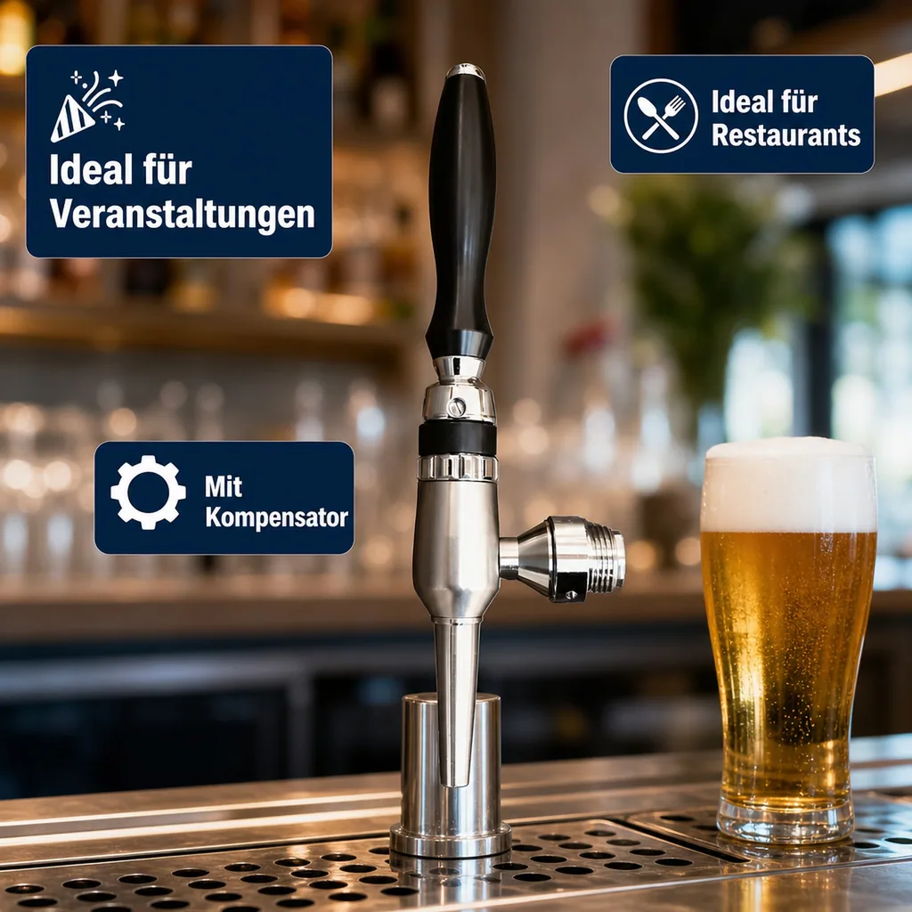 Bierzapfhahn, Kompensatorhahn Nordic - aus satiniertem stahl ohne kompensatorschaft 5/8" + starke düse, Gewindelänge: 65 mm