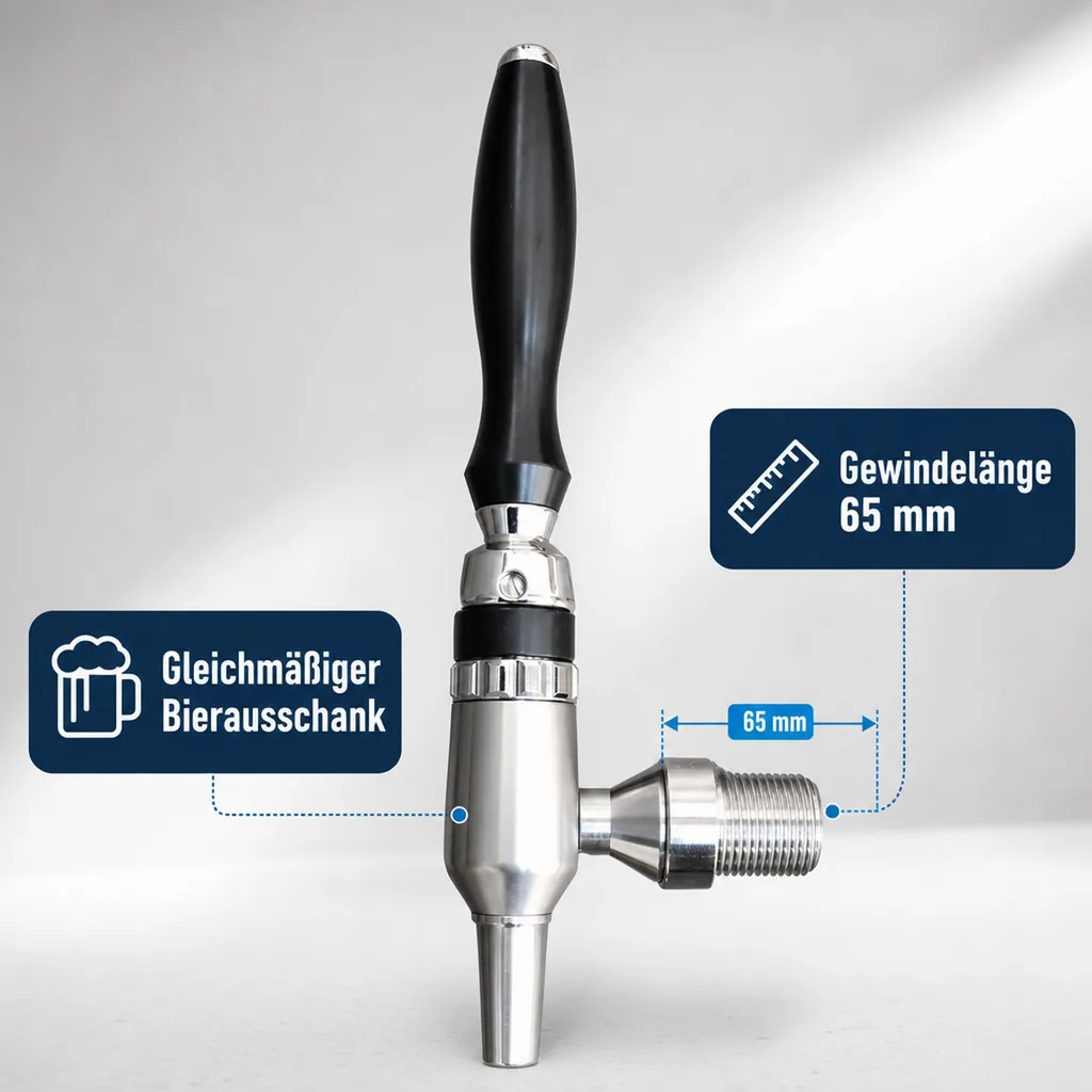 Bierzapfhahn, Kompensatorhahn Nordic - aus satiniertem stahl ohne kompensatorschaft 5/8" + starke düse, Gewindelänge: 65 mm