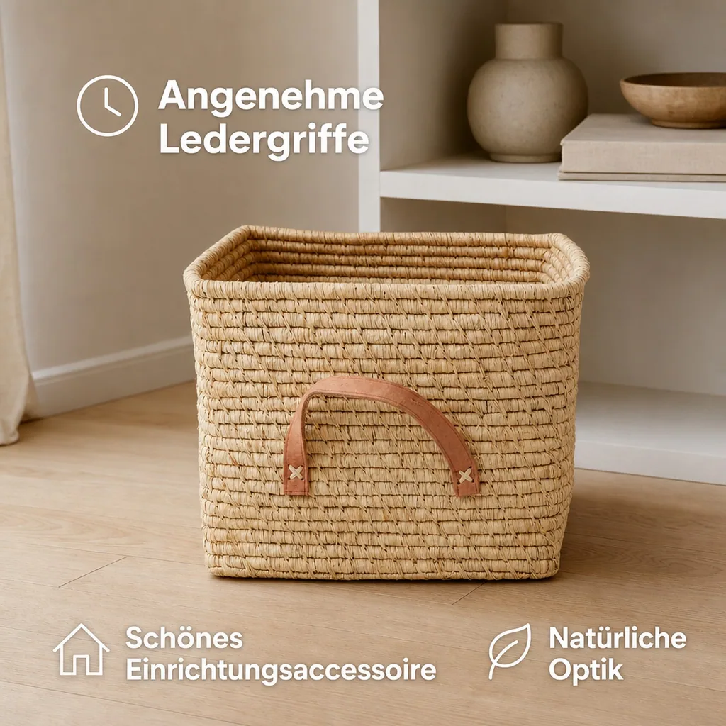 Rice Bastkorb Ledergriffe natur 30 x 30