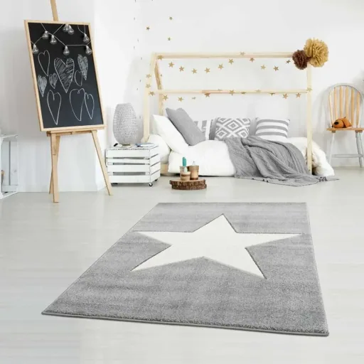 Livone Kinderteppich Stern weiss auf grau, Teppichgrösse: 160 x 230 cm